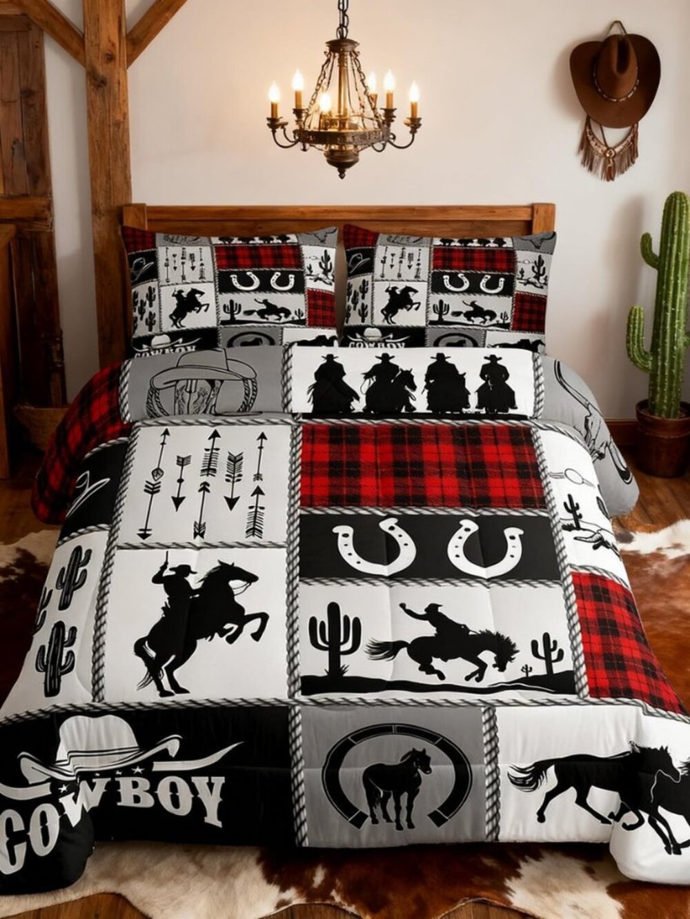 Rustic Farmhouse Horse Kids Comforter Set Full Size,Western Cowboy Cactus